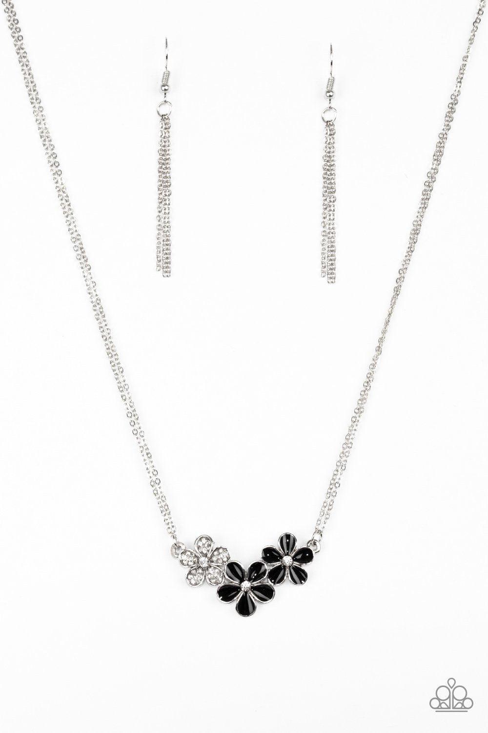 Hibiscus Haciendas Black Flower Necklace and matching Earrings - Paparazzi Accessories-CarasShop.com - $5 Jewelry by Cara Jewels
