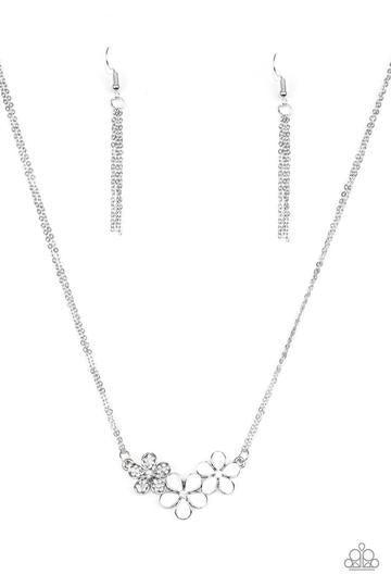 Hibiscus Haciendas Silver and White Flower Necklace - Paparazzi Accessories-CarasShop.com - $5 Jewelry by Cara Jewels