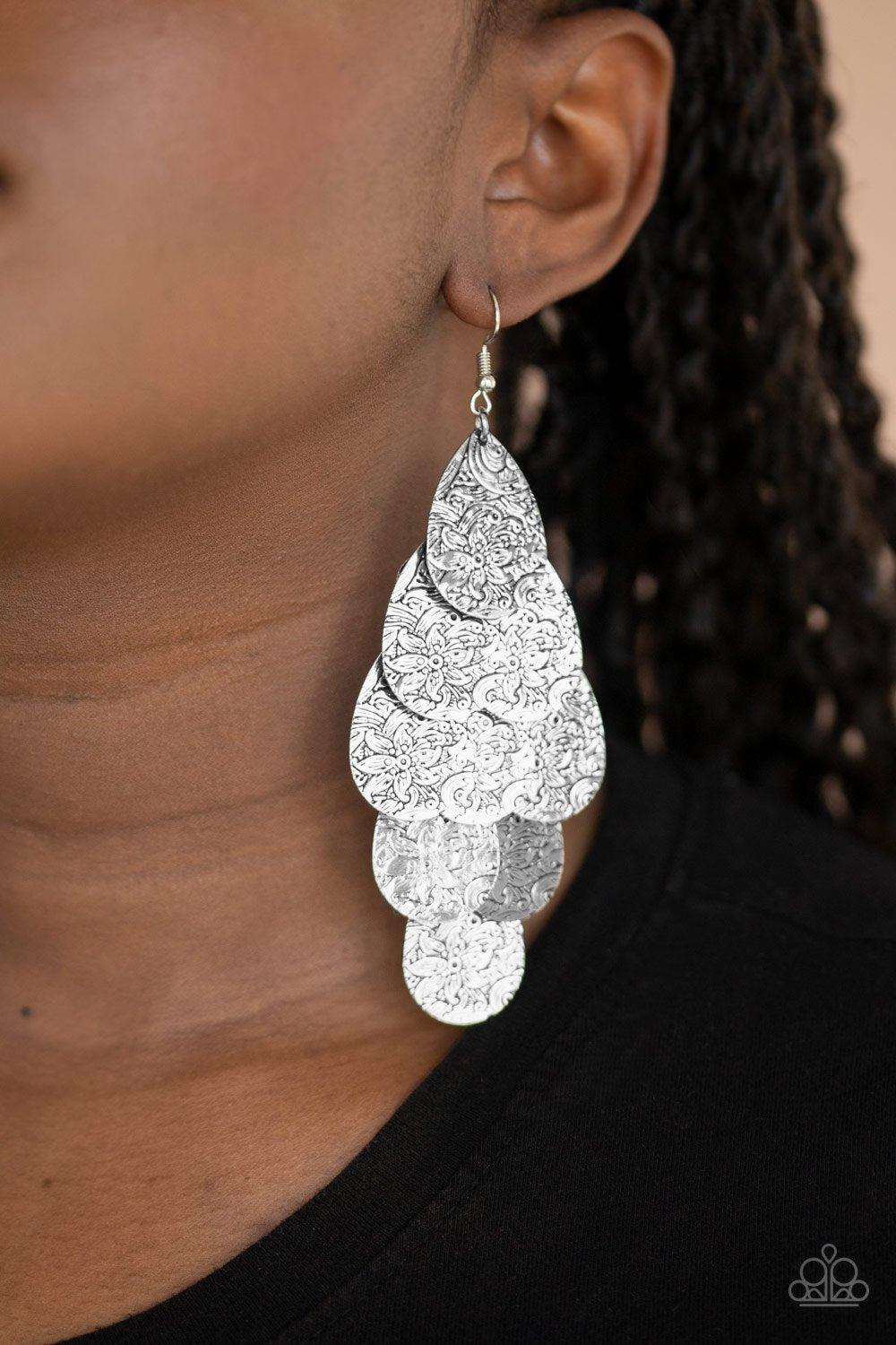 Hibiscus Harmony Silver Cascading Teardrop Earrings - Paparazzi Accessories-CarasShop.com - $5 Jewelry by Cara Jewels