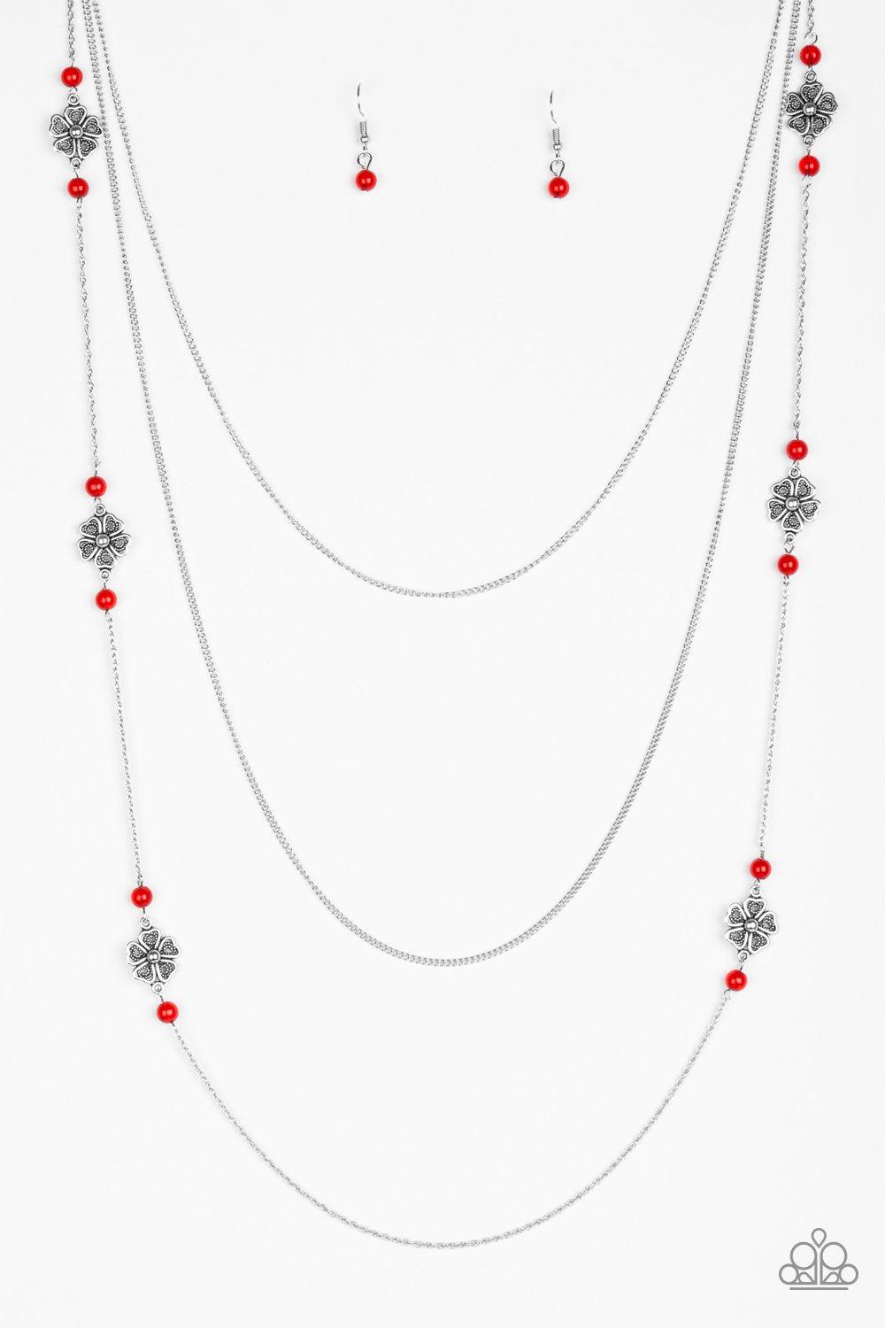 Hibiscus Hideaway Red and Silver Necklace - Paparazzi Accessories-CarasShop.com - $5 Jewelry by Cara Jewels