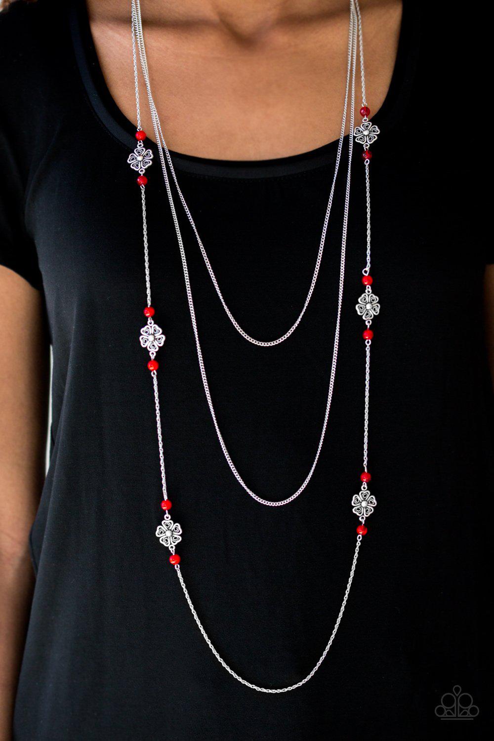 Hibiscus Hideaway Red and Silver Necklace - Paparazzi Accessories-CarasShop.com - $5 Jewelry by Cara Jewels