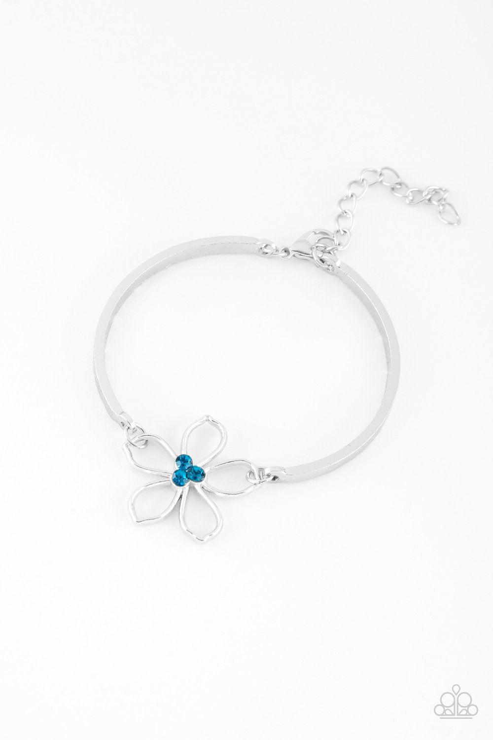 Hibiscus Hipster Blue Rhinestone and Silver Flower Bracelet - Paparazzi Accessories- lightbox - CarasShop.com - $5 Jewelry by Cara Jewels