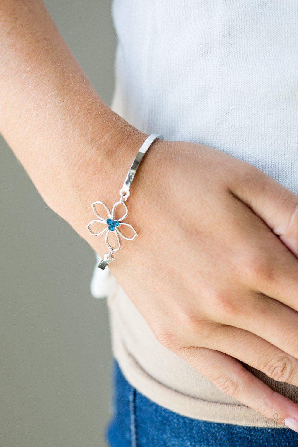 Hibiscus Hipster Blue Rhinestone and Silver Flower Bracelet - Paparazzi Accessories- model - CarasShop.com - $5 Jewelry by Cara Jewels