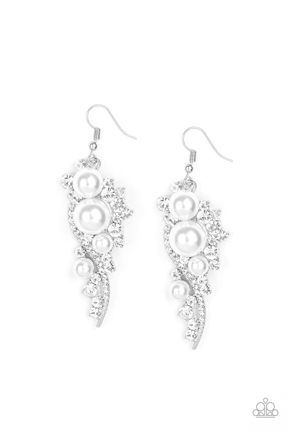 High-End Elegance White Pearl and Rhinestone Earrings EMP Exclusive - Paparazzi Accessories-CarasShop.com - $5 Jewelry by Cara Jewels