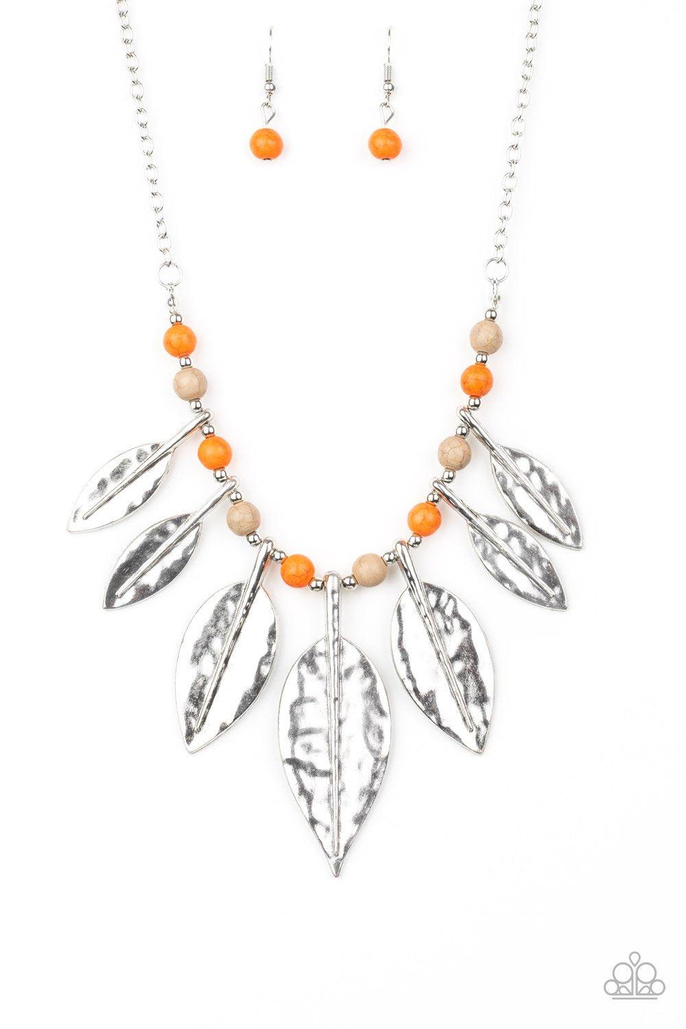 Highland Harvester Multi Orange and Brown Stone and Silver Leaf Necklace - Paparazzi Accessories - lightbox -CarasShop.com - $5 Jewelry by Cara Jewels