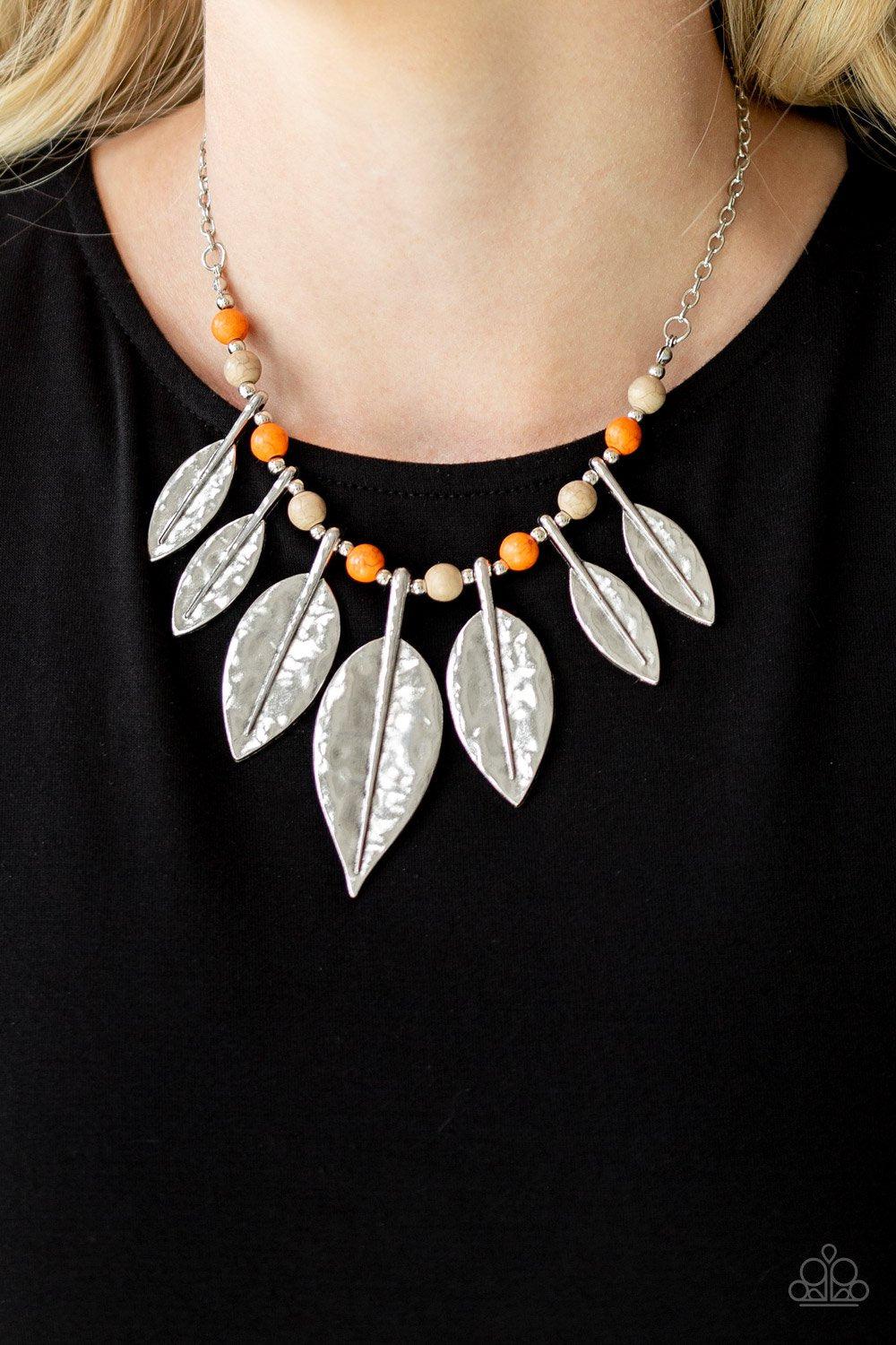 Highland Harvester Multi Orange and Brown Stone and Silver Leaf Necklace - Paparazzi Accessories - model -CarasShop.com - $5 Jewelry by Cara Jewels