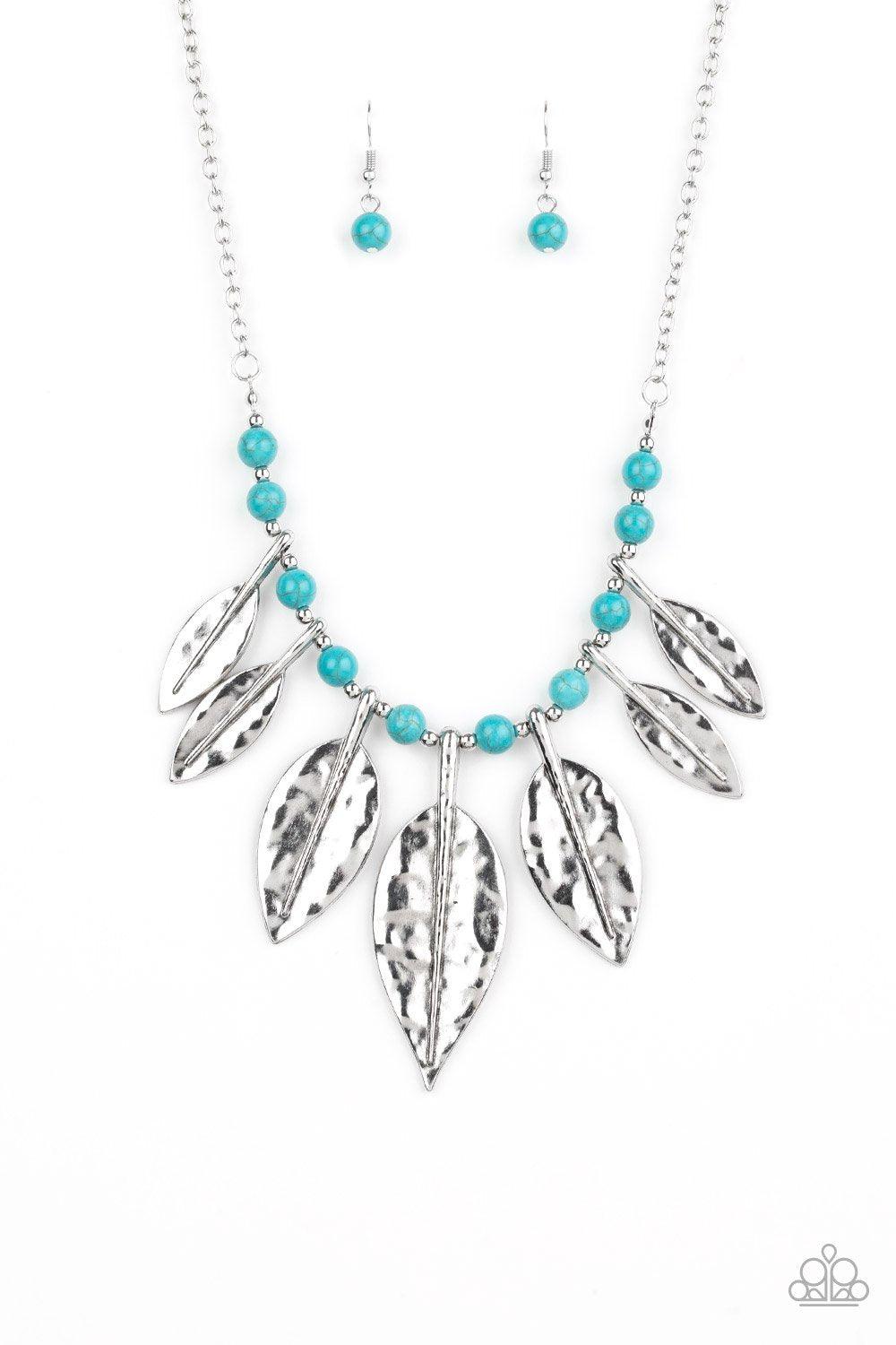 Highland Harvester Turquoise Blue and Silver Feather Necklace - Paparazzi Accessories-CarasShop.com - $5 Jewelry by Cara Jewels