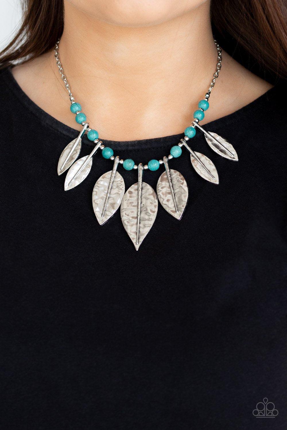 Highland Harvester Turquoise Blue and Silver Feather Necklace - Paparazzi Accessories-CarasShop.com - $5 Jewelry by Cara Jewels