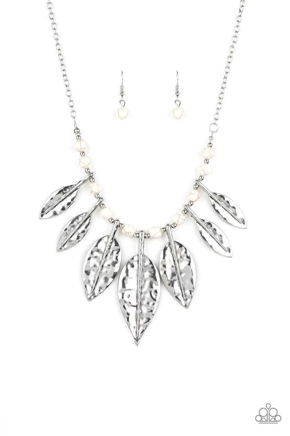 Highland Harvester White Stone and Silver Feather Necklace - Paparazzi Accessories - lightbox -CarasShop.com - $5 Jewelry by Cara Jewels