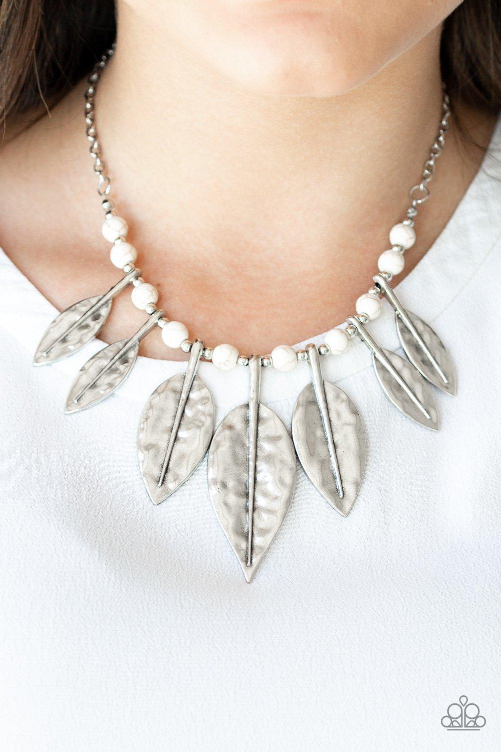 Highland Harvester White Stone and Silver Feather Necklace - Paparazzi Accessories - model -CarasShop.com - $5 Jewelry by Cara Jewels