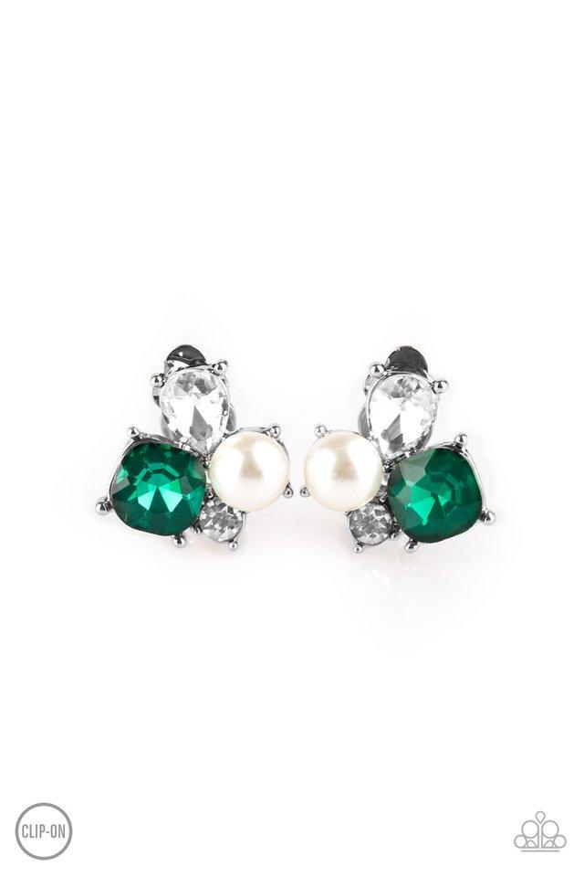 Highly High-Class Green and White Rhinestone Clip-On Earrings - Paparazzi Accessories - lightbox -CarasShop.com - $5 Jewelry by Cara Jewels