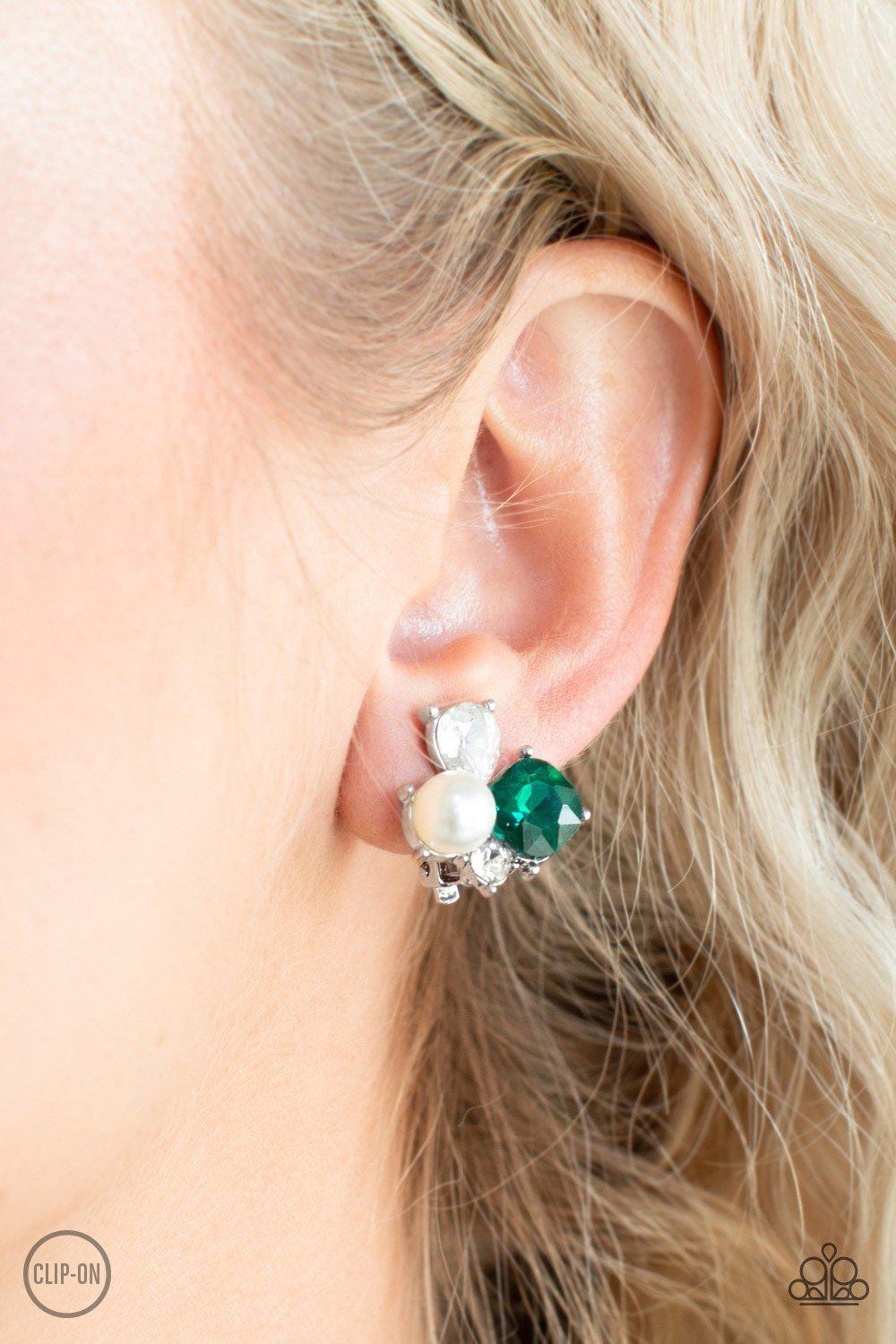 Highly High-Class Green and White Rhinestone Clip-On Earrings - Paparazzi Accessories - lightbox -CarasShop.com - $5 Jewelry by Cara Jewels