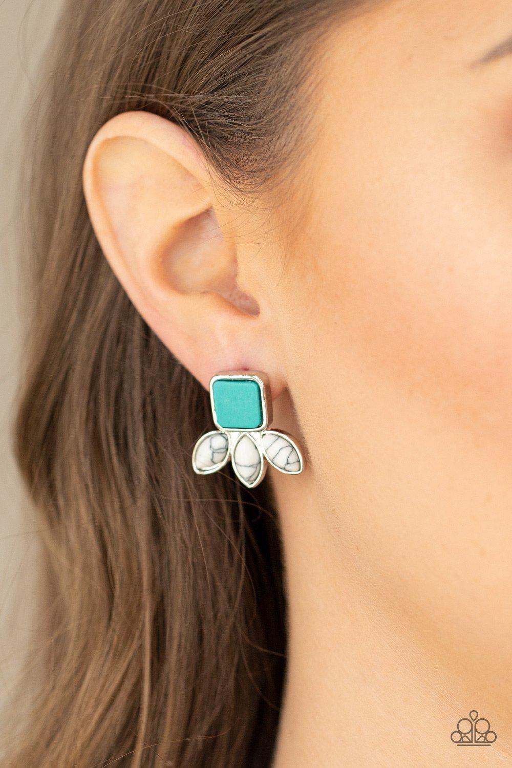 Hill Country Blossoms Turquoise Blue and White Stone Post Earrings - Paparazzi Accessories- model - CarasShop.com - $5 Jewelry by Cara Jewels