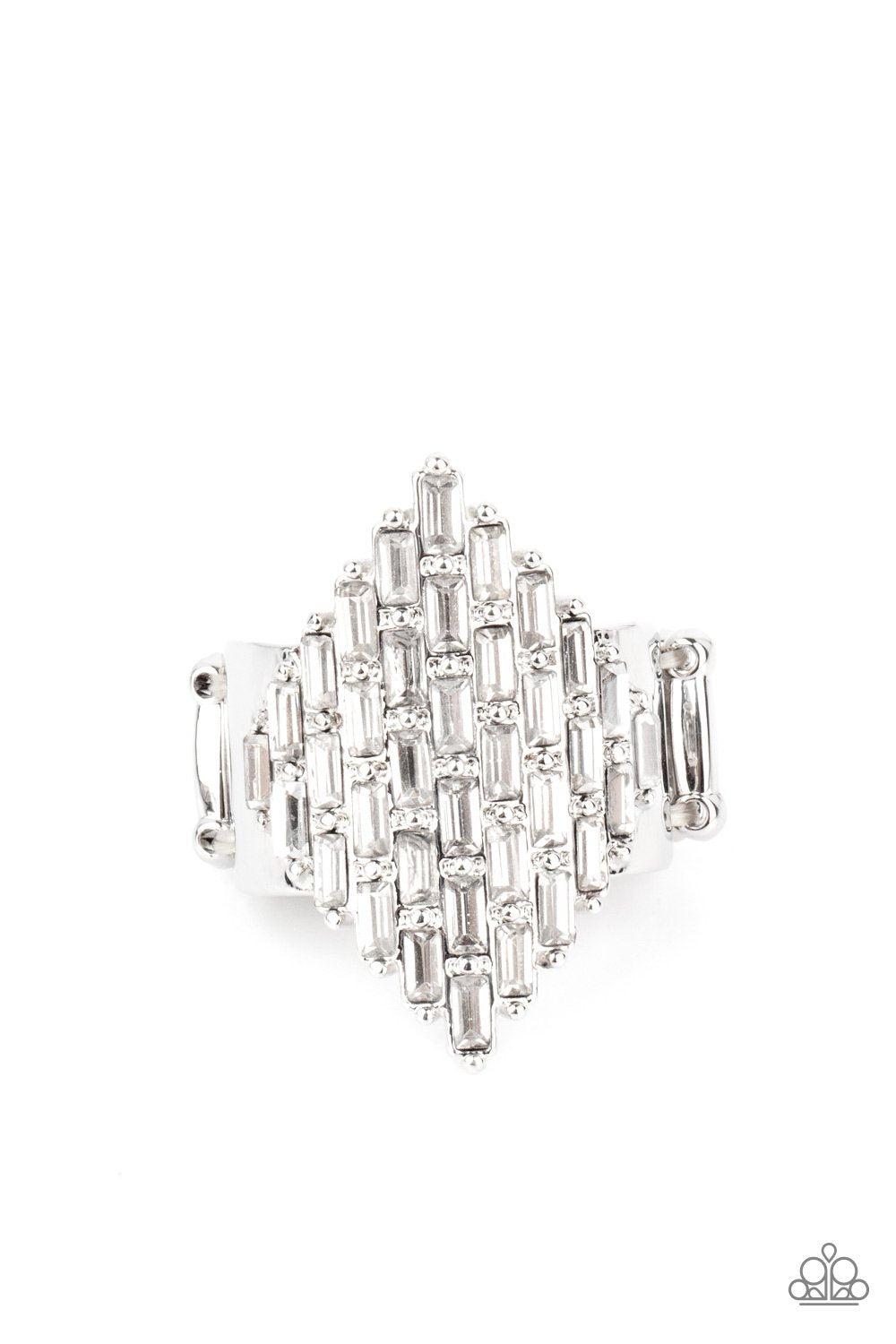 Hive Hustle White Rhinestone Ring - Paparazzi Accessories Life of the Party Exclusive May 2021- lightbox - CarasShop.com - $5 Jewelry by Cara Jewels