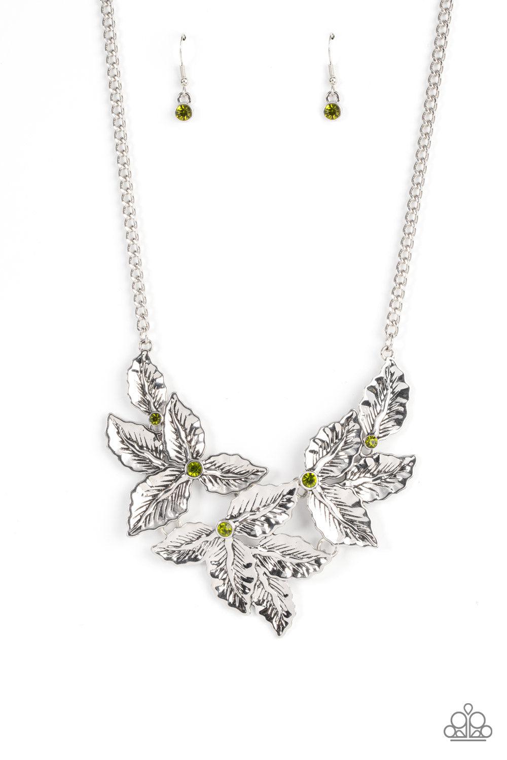 Holly Heiress Green Gem &amp; Silver Leaf Necklace - Paparazzi Accessories- lightbox - CarasShop.com - $5 Jewelry by Cara Jewels