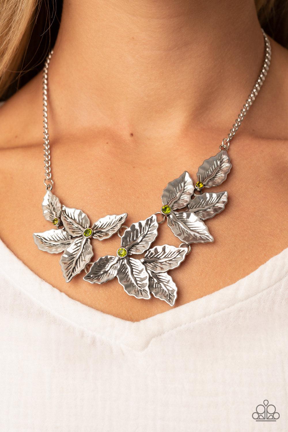 Holly Heiress Green Gem & Silver Leaf Necklace - Paparazzi Accessories- lightbox - CarasShop.com - $5 Jewelry by Cara Jewels