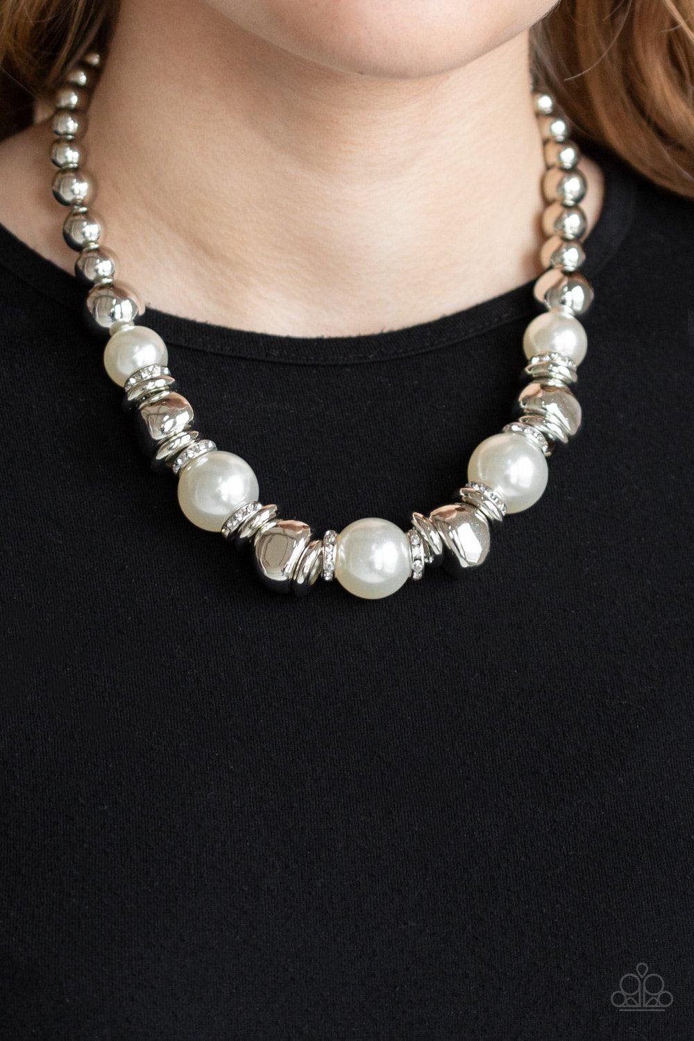 Hollywood HAUTE Spot White Pearl and Silver Necklace - Paparazzi Accessories-CarasShop.com - $5 Jewelry by Cara Jewels