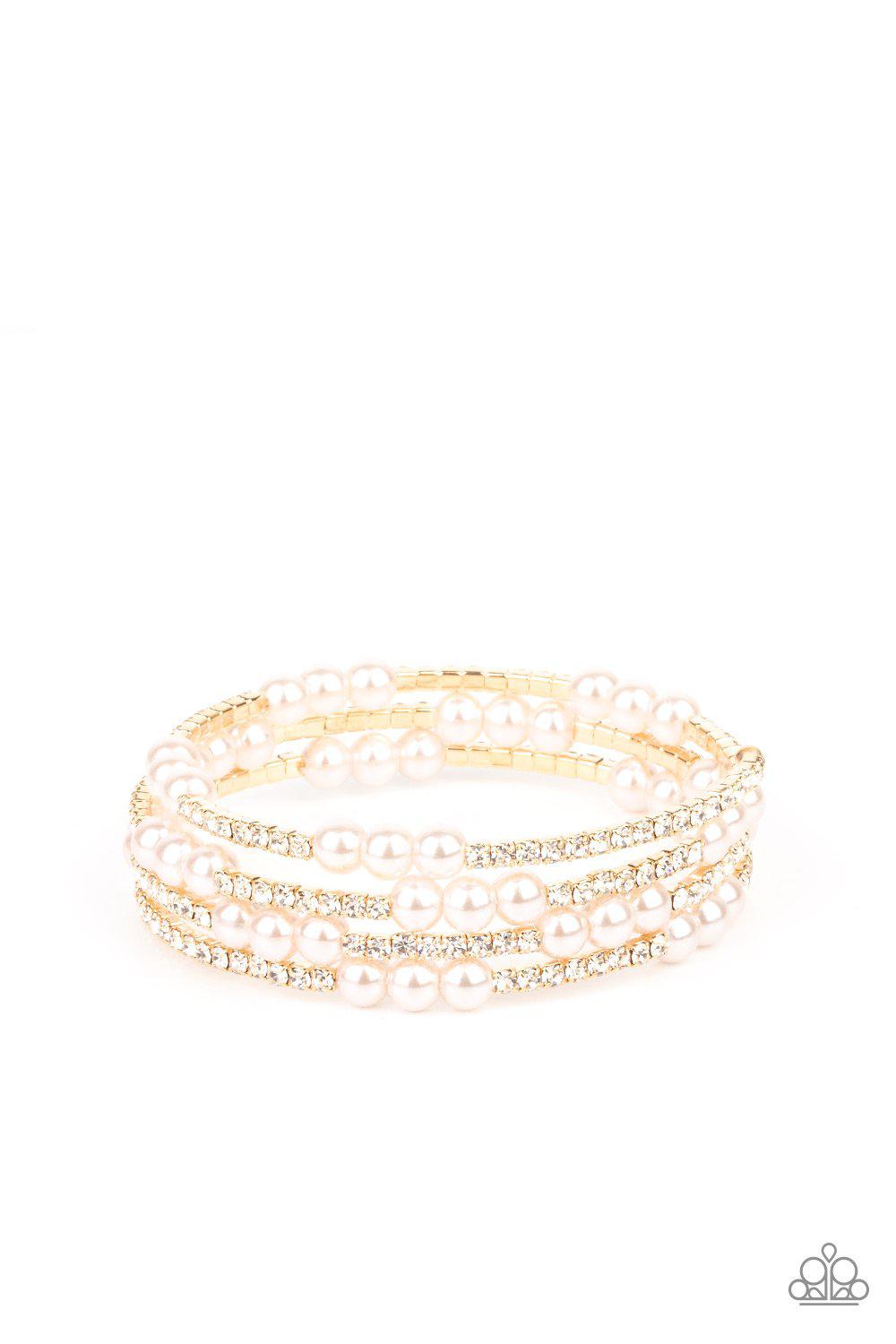 Hollywood Hospitality Gold, White Rhinestone and Pearl Infinity Wrap Bracelet - Paparazzi Accessories - lightbox -CarasShop.com - $5 Jewelry by Cara Jewels
