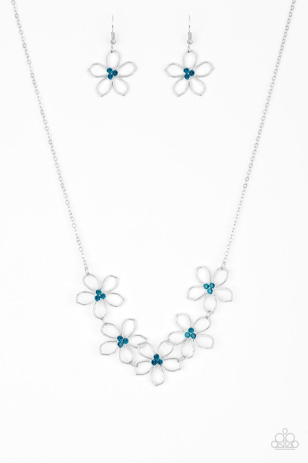 Hoppin&#39; Hibiscus Blue Rhinestone and Silver Flower Necklace - Paparazzi Accessories- lightbox - CarasShop.com - $5 Jewelry by Cara Jewels