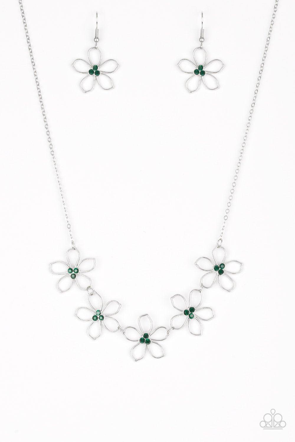 Hoppin Hibiscus Green Flower Necklace and matching Earrings - Paparazzi Accessories-CarasShop.com - $5 Jewelry by Cara Jewels
