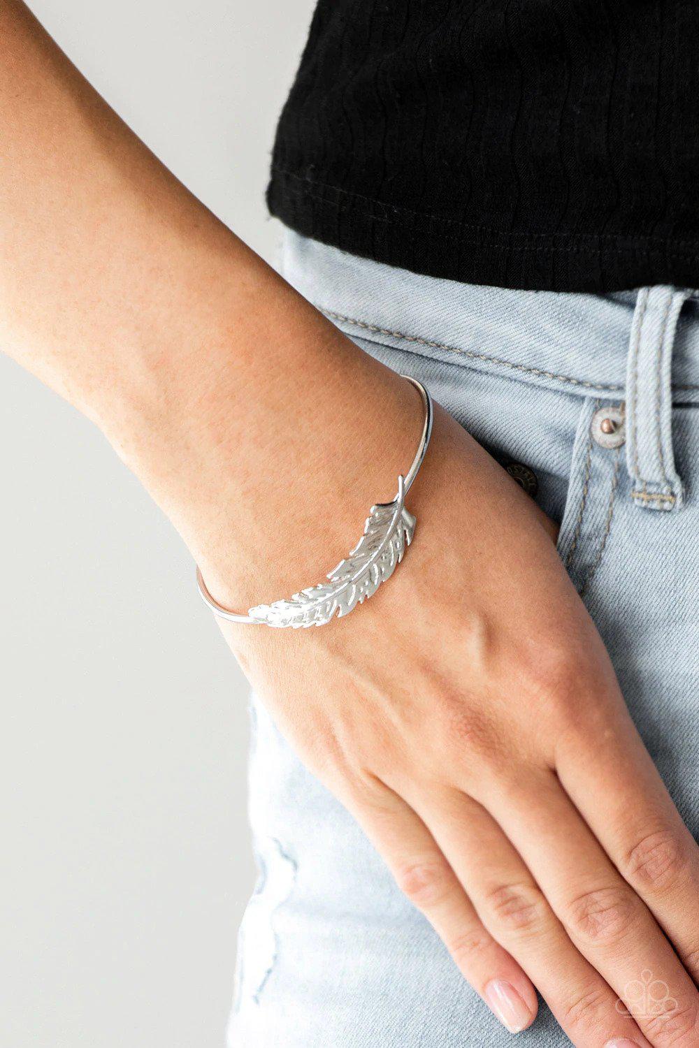 How Do You Like This FEATHER Silver Cuff Bracelet - Paparazzi Accessories- on model - CarasShop.com - $5 Jewelry by Cara Jewels