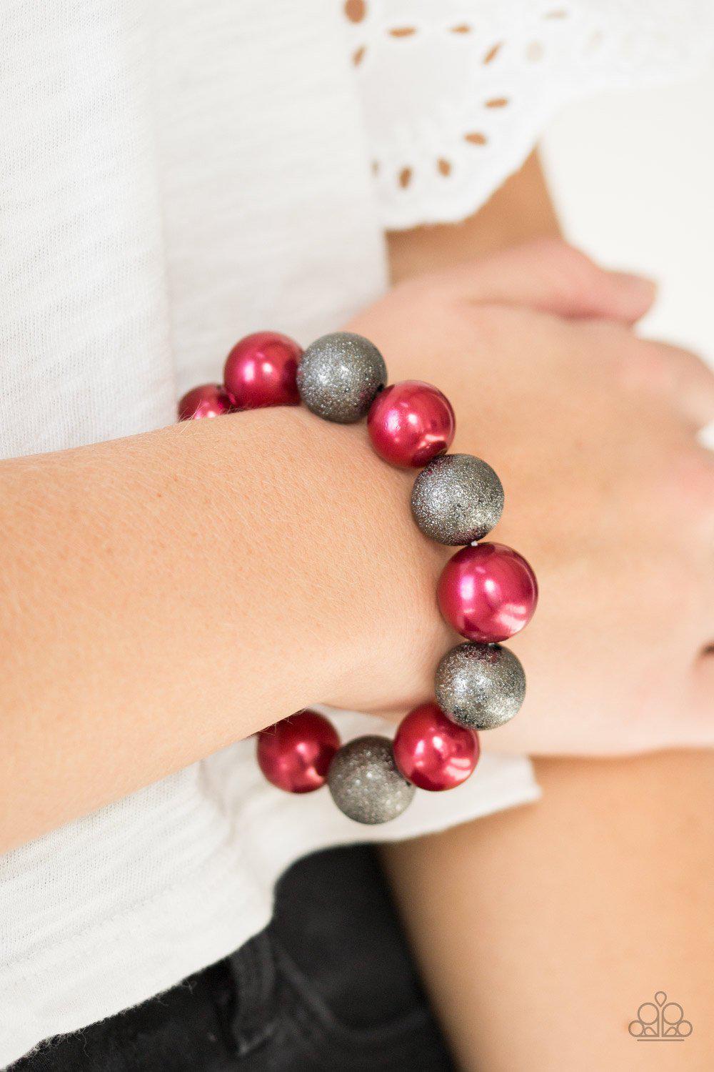 Humble Hustle Red and Gunmetal Pearl Stretch Bracelet - Paparazzi Accessories-CarasShop.com - $5 Jewelry by Cara Jewels