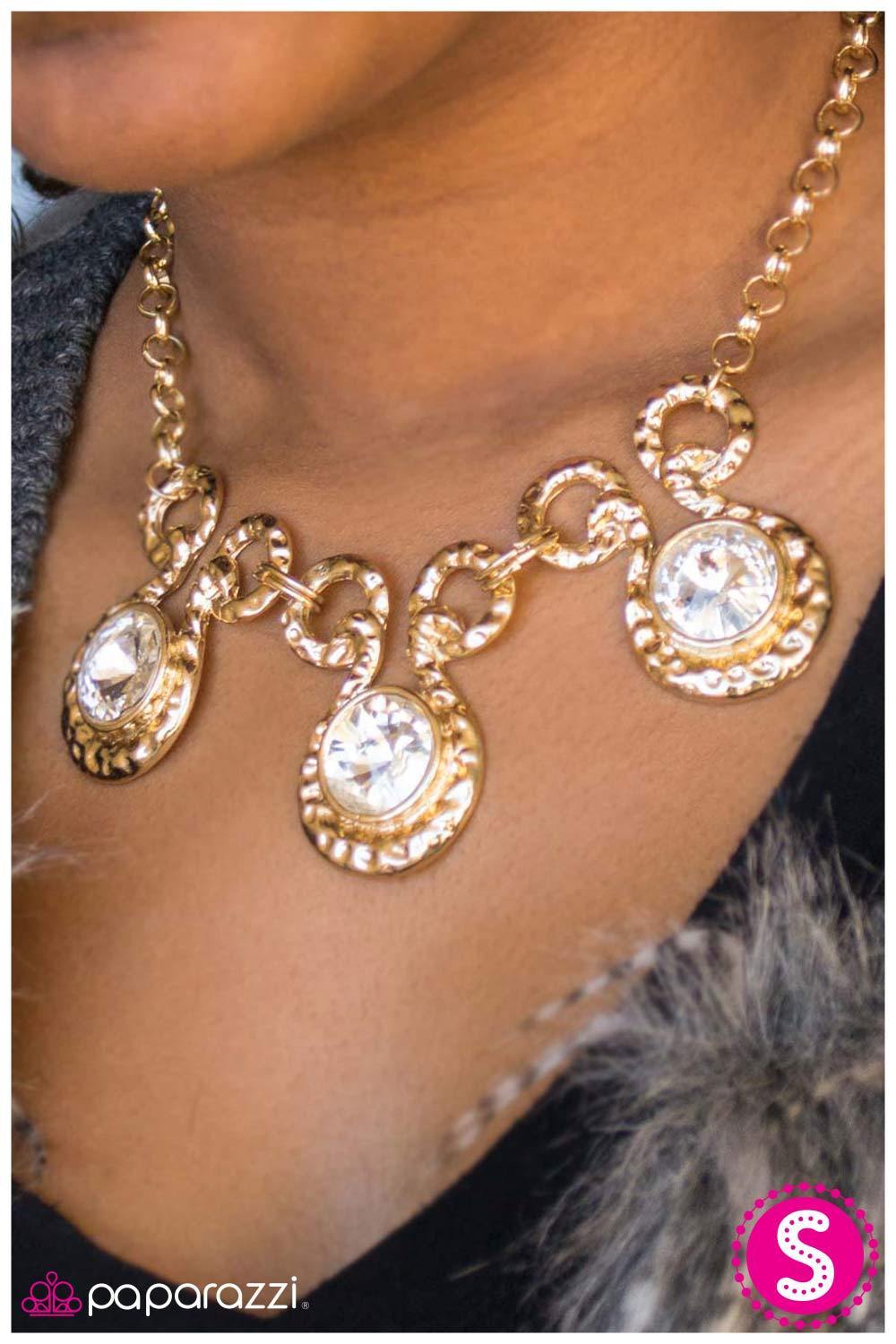 Hypnotized - Gold and White Rhinestone Necklace and matching Earrings - Paparazzi Accessories - model -CarasShop.com - $5 Jewelry by Cara Jewels