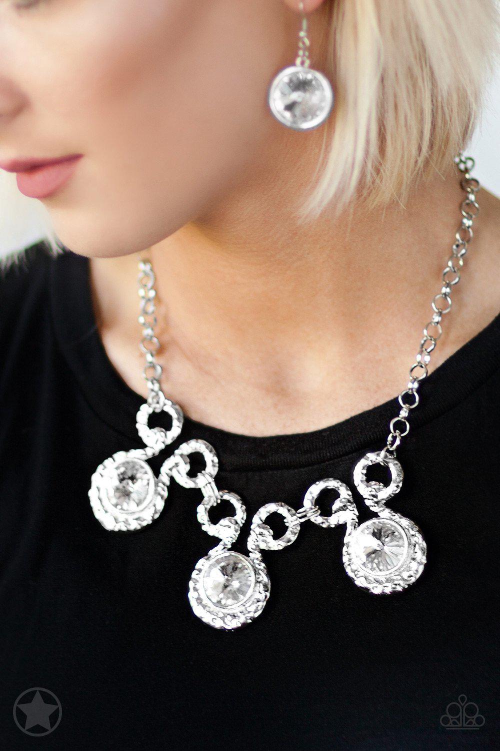 Hypnotized - Silver and White Rhinestone Necklace and matching Earrings - Paparazzi Accessories - model -CarasShop.com - $5 Jewelry by Cara Jewels