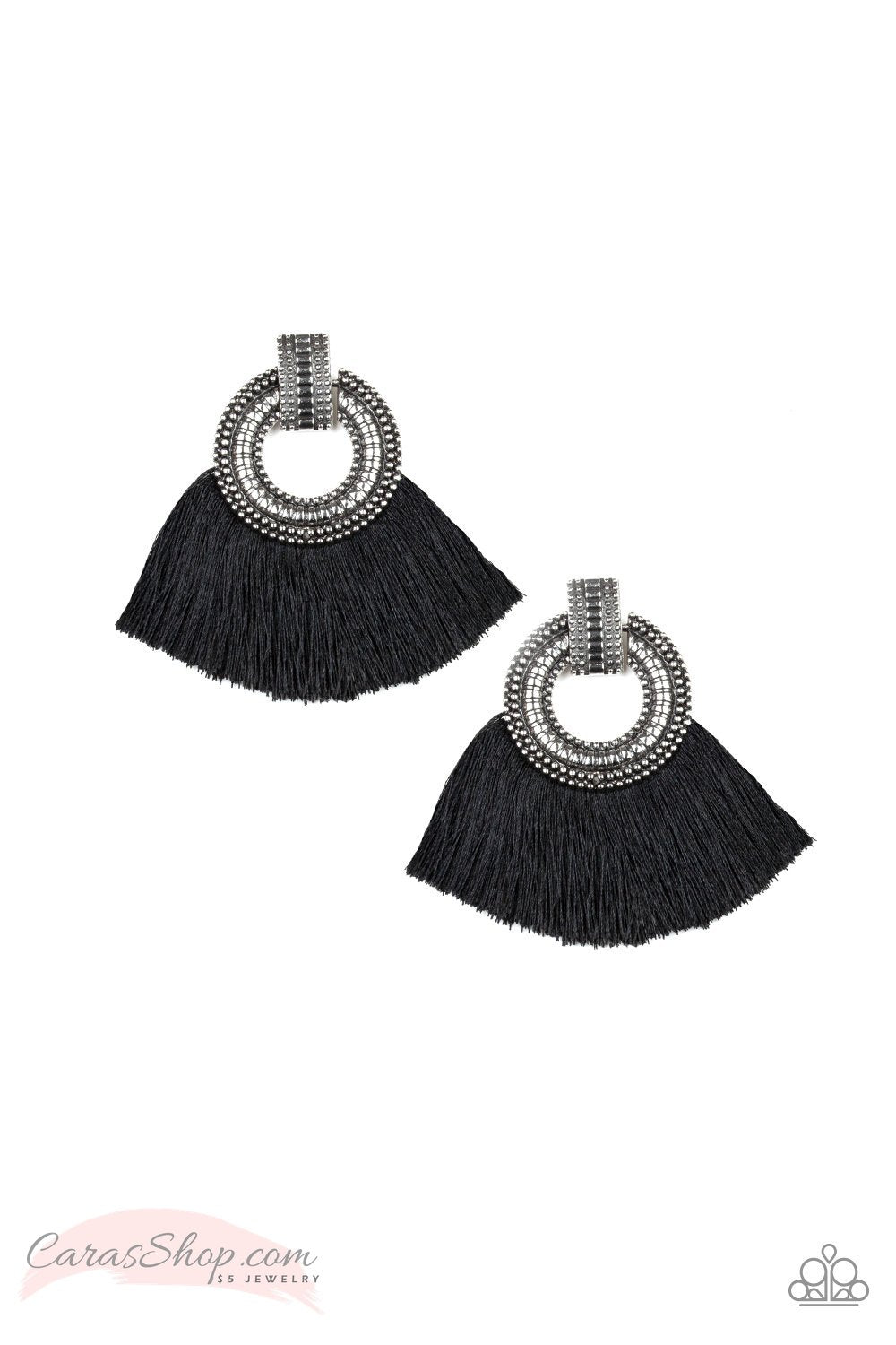 I Am Spartacus - Black Fringe Post Earrings - Paparazzi Accessories-CarasShop.com - $5 Jewelry by Cara Jewels