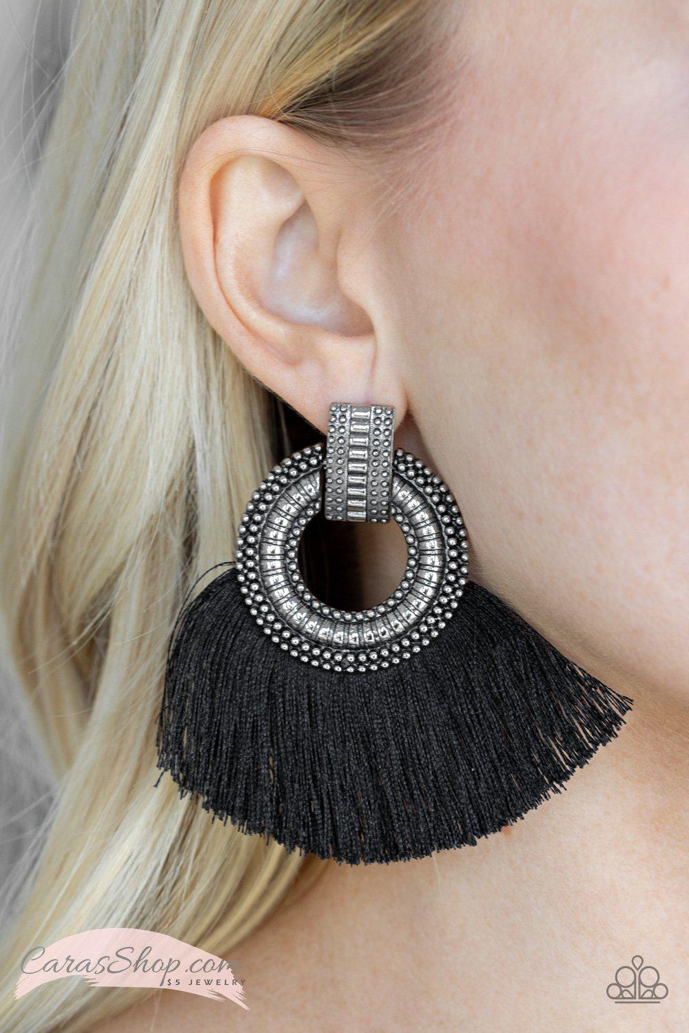 I Am Spartacus - Black Fringe Post Earrings - Paparazzi Accessories-CarasShop.com - $5 Jewelry by Cara Jewels