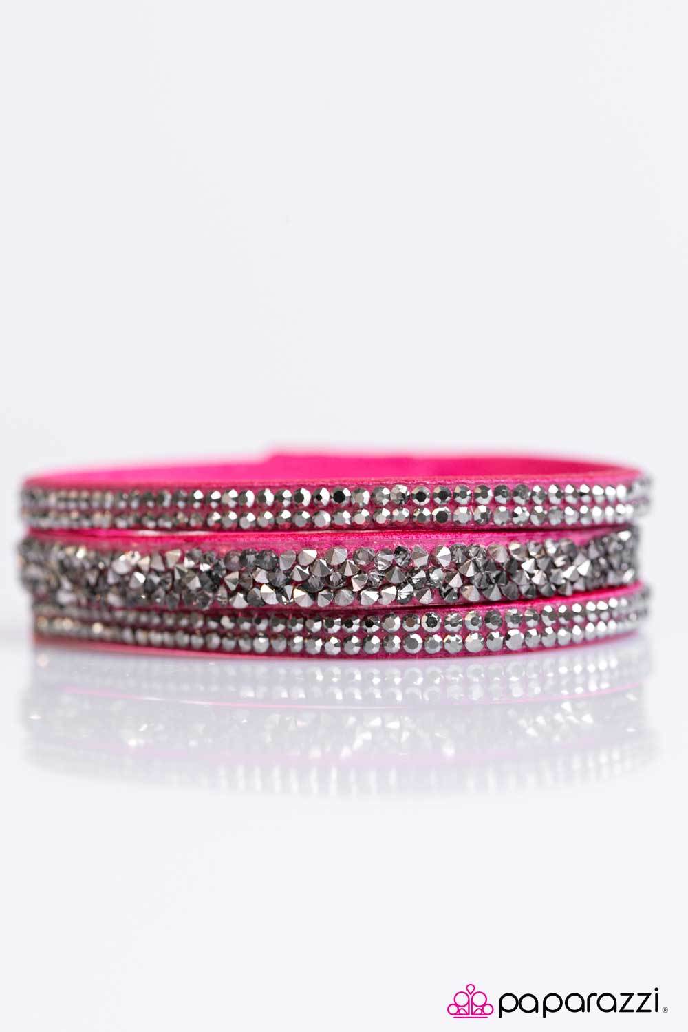 I Love Rock N Roll Hot Pink &amp; Hematite Urban Wrap Snap Bracelet - Paparazzi Accessories-CarasShop.com - $5 Jewelry by Cara Jewels