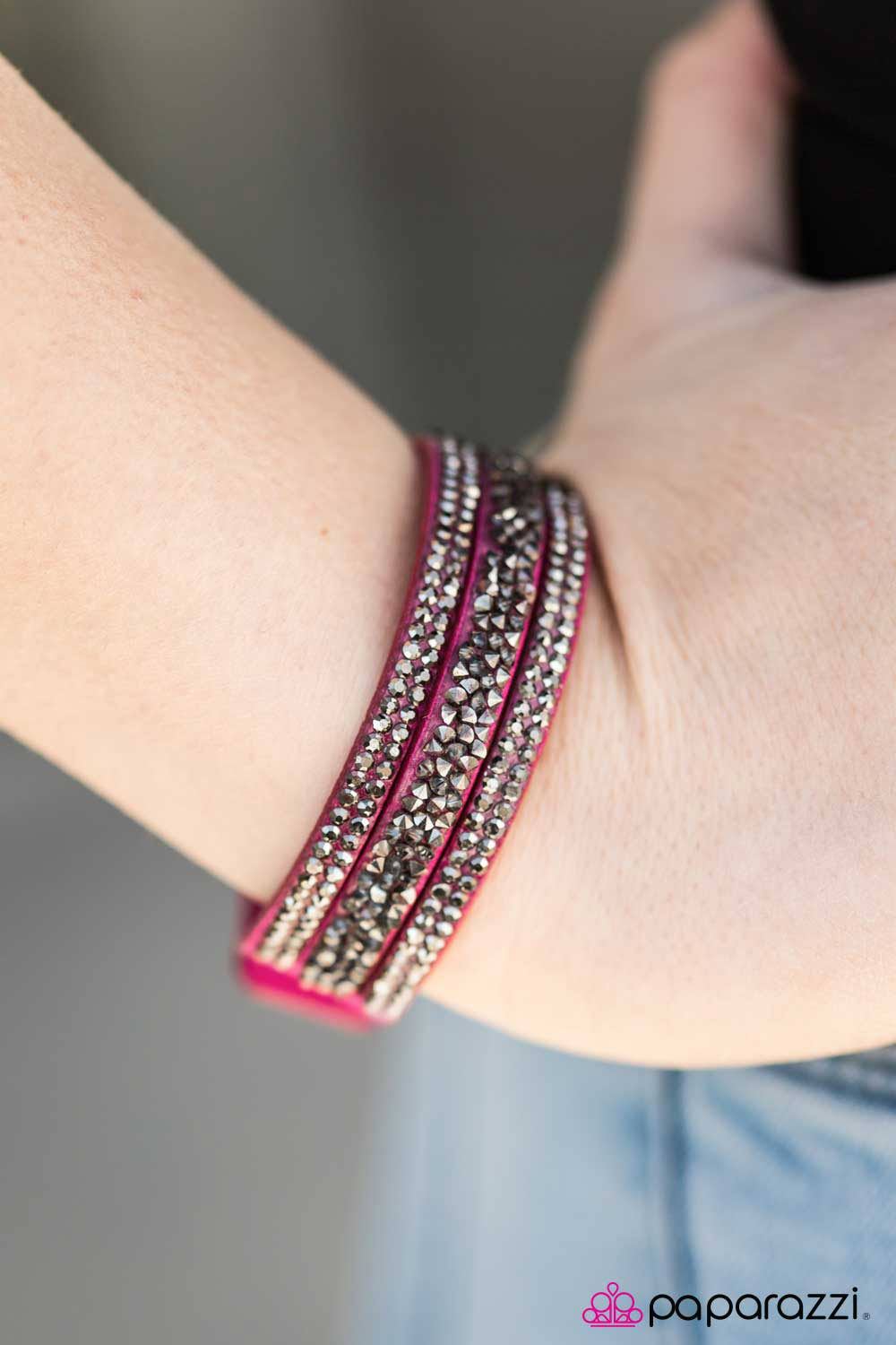 I Love Rock N Roll Hot Pink & Hematite Urban Wrap Snap Bracelet - Paparazzi Accessories-CarasShop.com - $5 Jewelry by Cara Jewels
