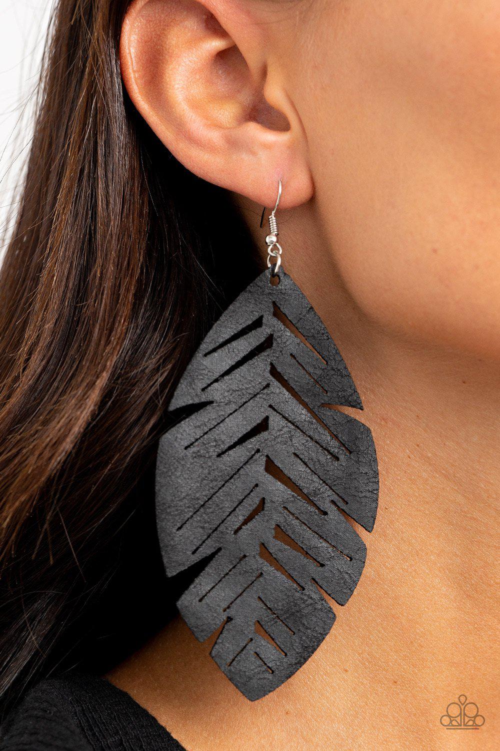 I Want To Fly Black Leather Feather Earrings - Paparazzi Accessories - model -CarasShop.com - $5 Jewelry by Cara Jewels