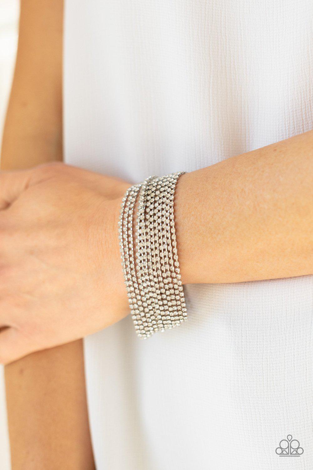 I Woke Up Like This White Rhinestone Bracelet - Paparazzi Accessories Life of the Party Exclusive June 2021- lightbox - CarasShop.com - $5 Jewelry by Cara Jewels