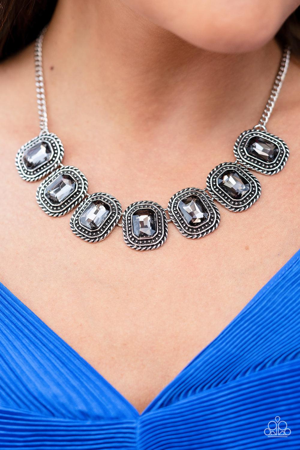 Iced Iron Silver Hematite Rhinestone Necklace - Paparazzi Accessories-on model - CarasShop.com - $5 Jewelry by Cara Jewels