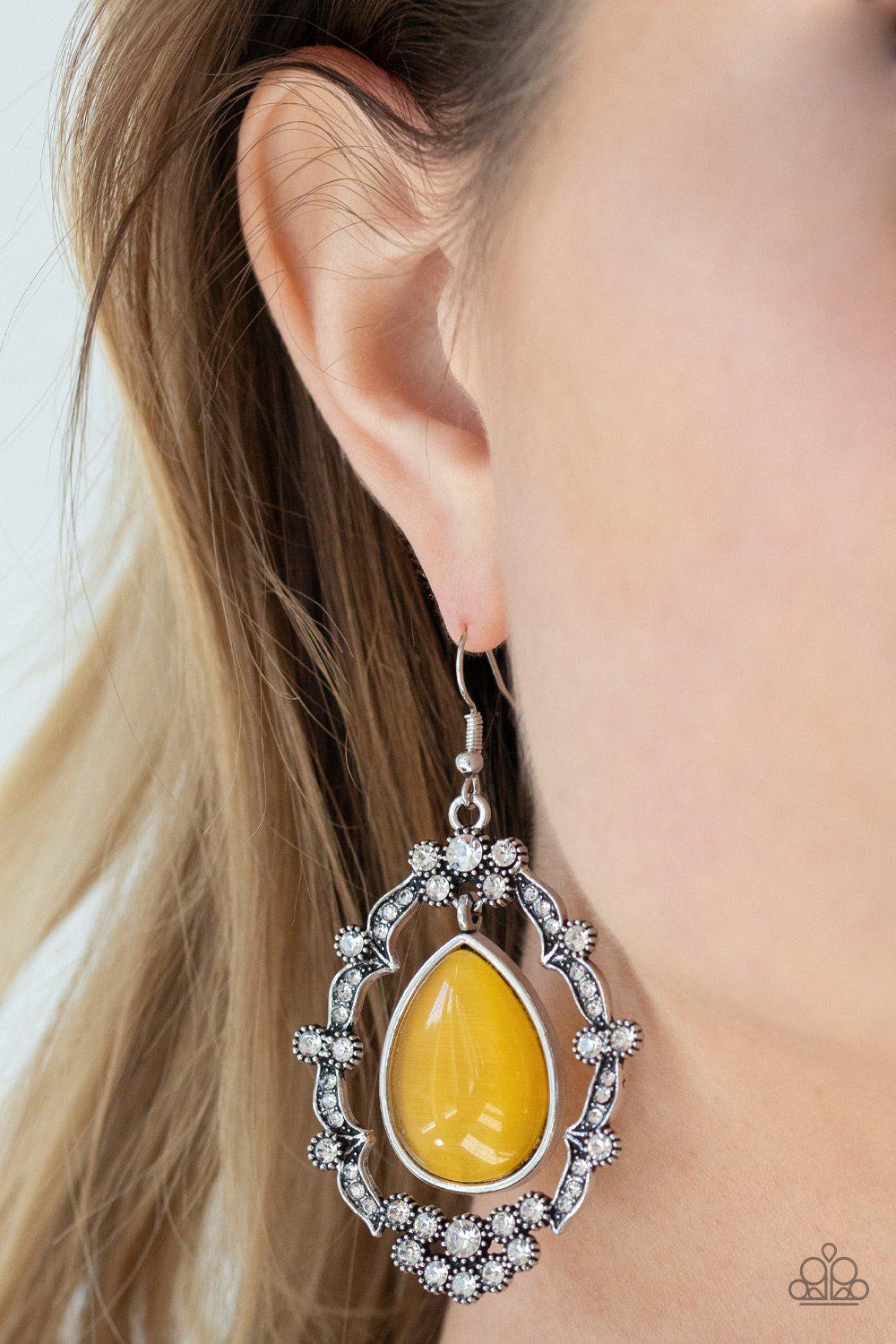 Icy Eden Yellow Cat&#39;s Eye Stone Earrings - Paparazzi Accessories - model -CarasShop.com - $5 Jewelry by Cara Jewels