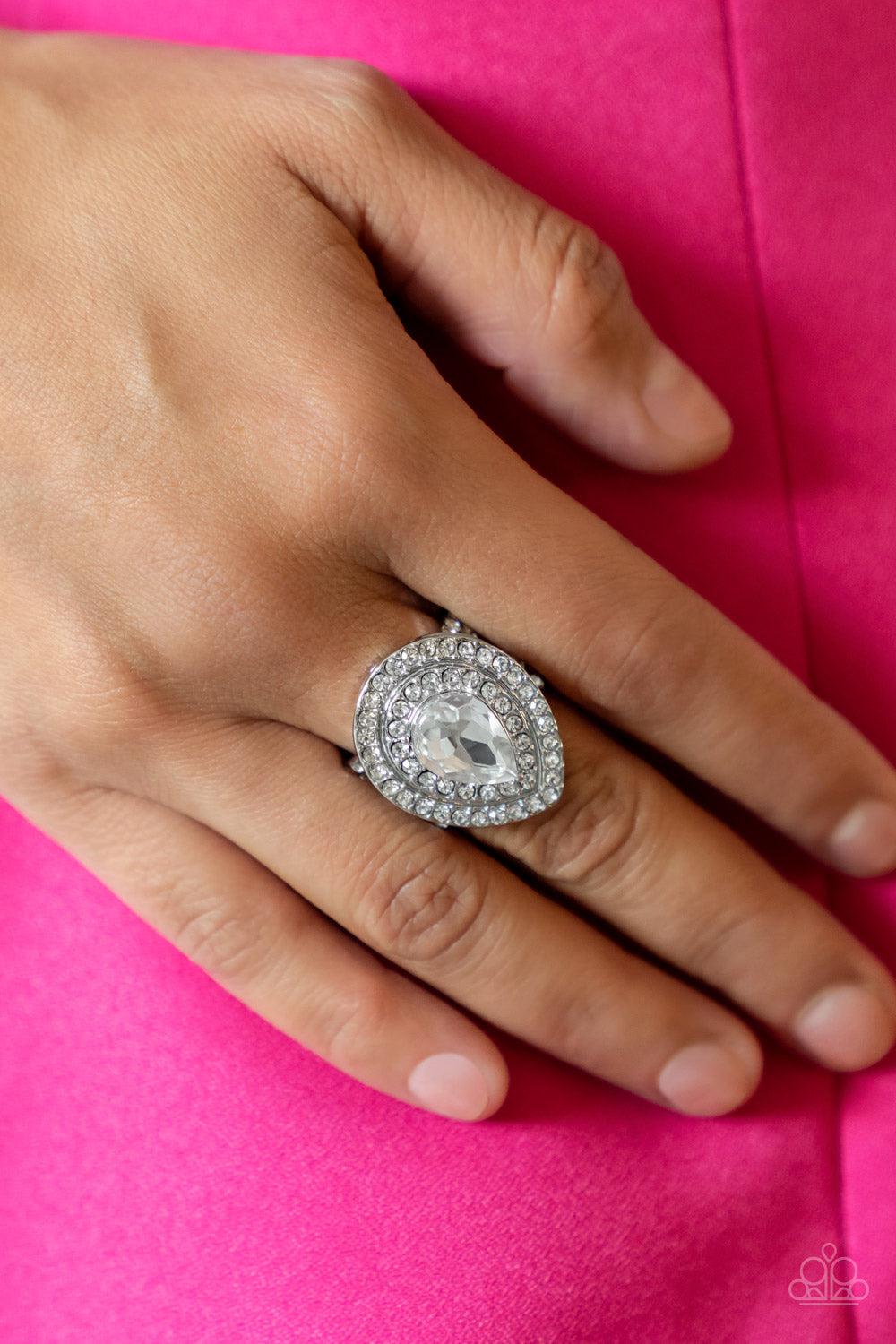 Icy Indulgence White Rhinestone Ring - Paparazzi Accessories-on model - CarasShop.com - $5 Jewelry by Cara Jewels
