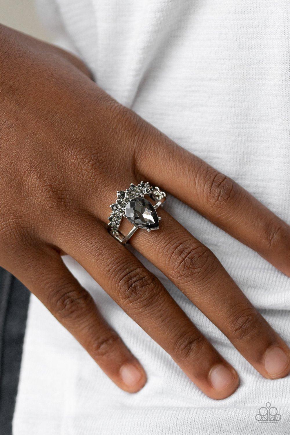 If The Crown Fits Smoky Silver Rhinestone Ring - Paparazzi Accessories- model - CarasShop.com - $5 Jewelry by Cara Jewels