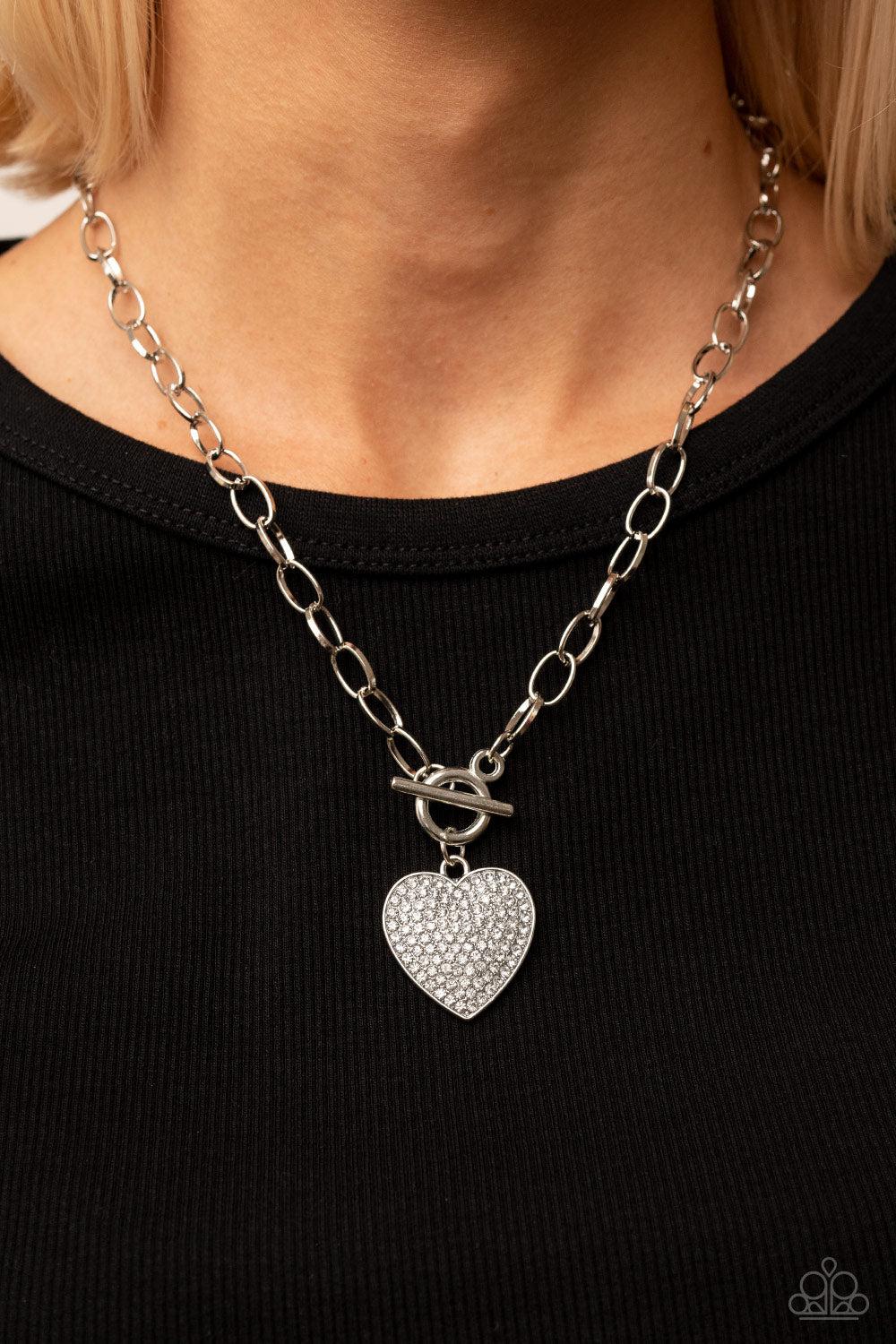 If You LUST White Rhinestone Heart Necklace - Paparazzi Accessories- on model - CarasShop.com - $5 Jewelry by Cara Jewels