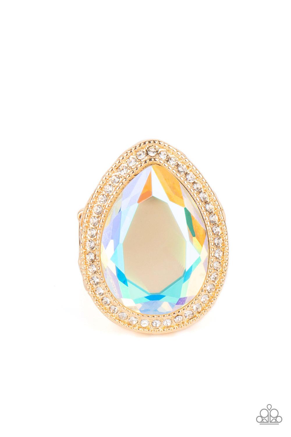 Illuminated Icon Gold & Iridescent Rhinestone Ring - Paparazzi Accessories- lightbox - CarasShop.com - $5 Jewelry by Cara Jewels