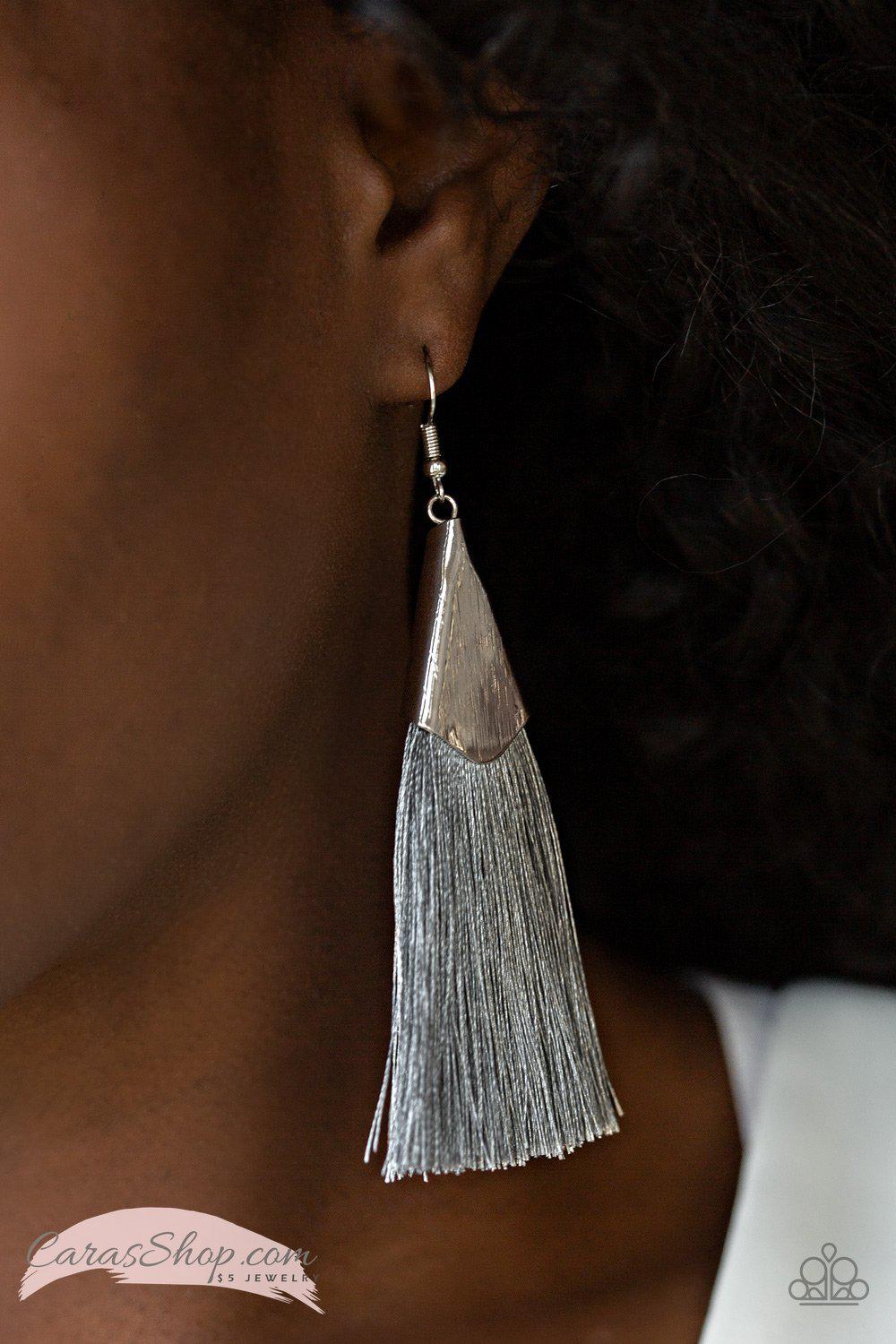 In Full PLUME Silver Tassel Earrings - Paparazzi Accessories-CarasShop.com - $5 Jewelry by Cara Jewels