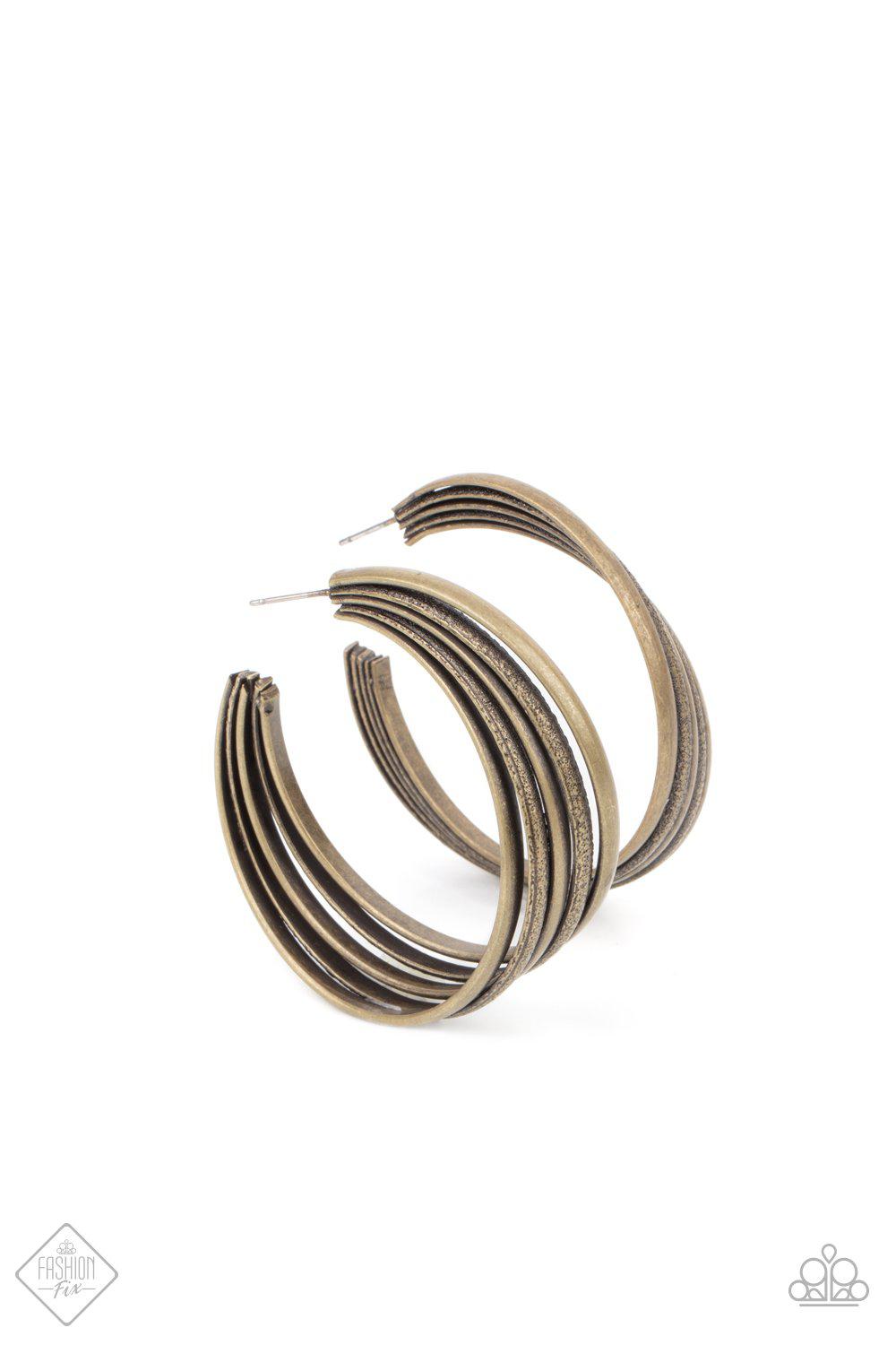 In Sync Brass Hoop Earrings - Paparazzi Accessories- lightbox - CarasShop.com - $5 Jewelry by Cara Jewels