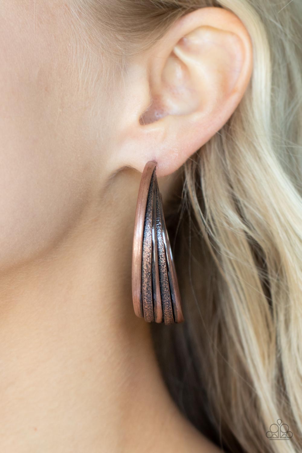 In Sync Copper Hoop Earrings - Paparazzi Accessories-on model - CarasShop.com - $5 Jewelry by Cara Jewels