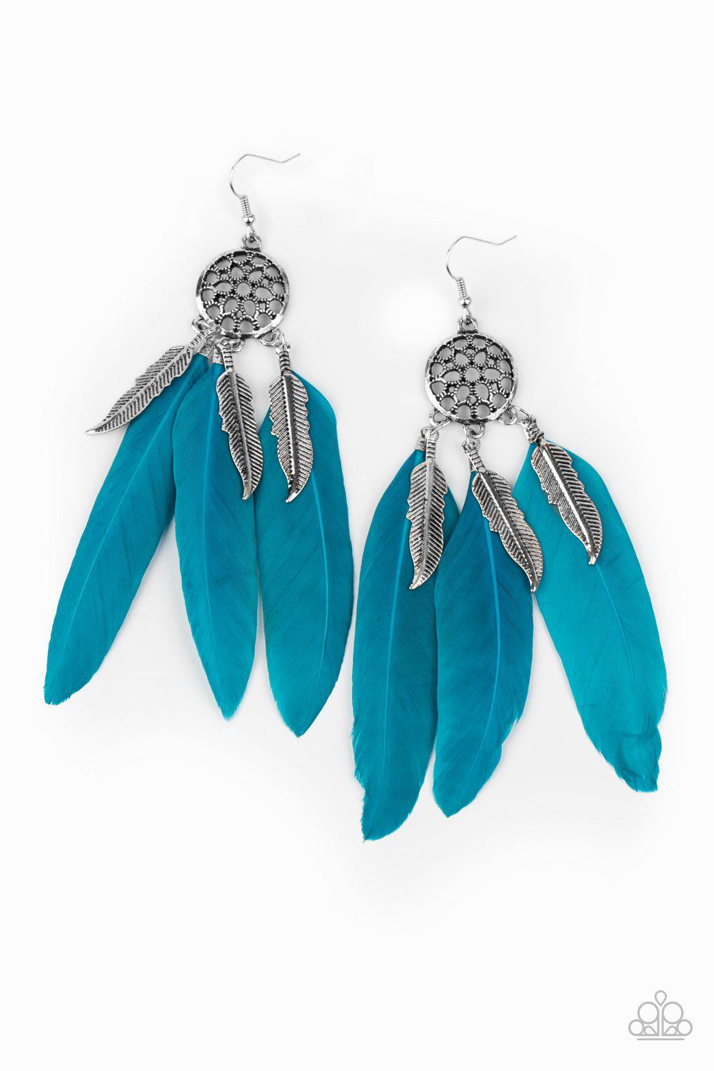 In Your Wildest DREAM-CATCHERS Blue Feather Earrings - Paparazzi Accessories - lightbox -CarasShop.com - $5 Jewelry by Cara Jewels