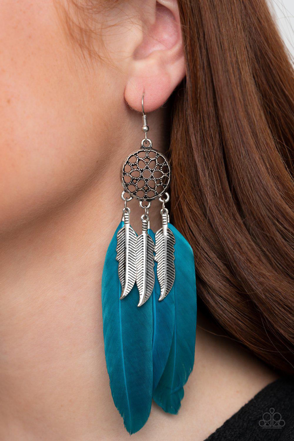 In Your Wildest DREAM-CATCHERS Blue Feather Earrings - Paparazzi Accessories - model -CarasShop.com - $5 Jewelry by Cara Jewels