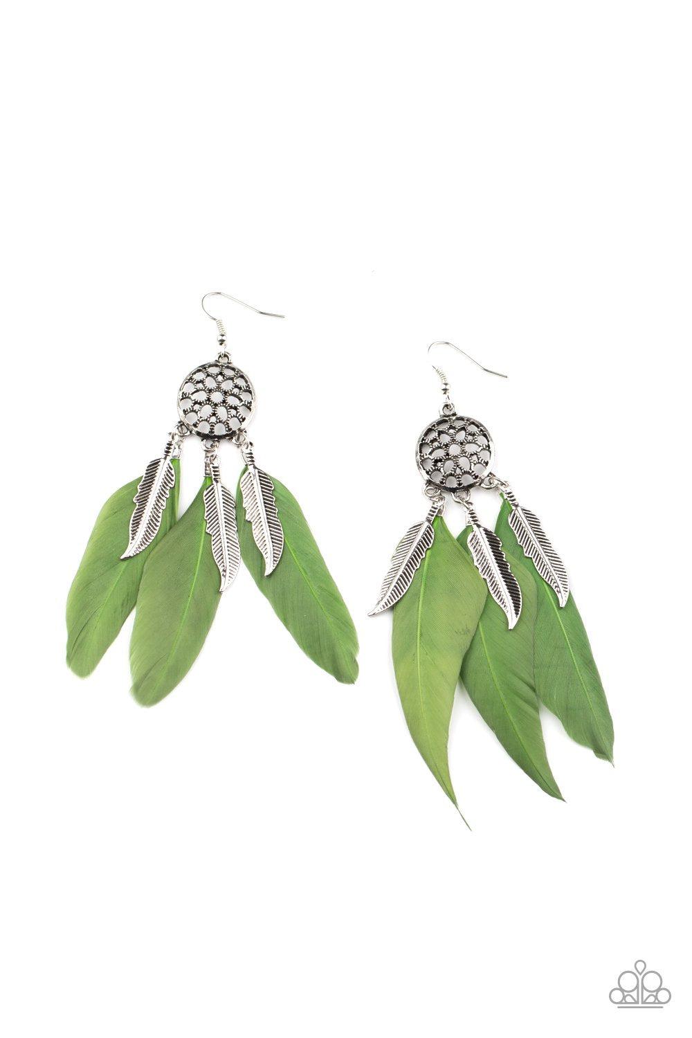 In Your Wildest DREAM-CATCHERS Green Feather Earrings - Paparazzi Accessories - lightbox -CarasShop.com - $5 Jewelry by Cara Jewels