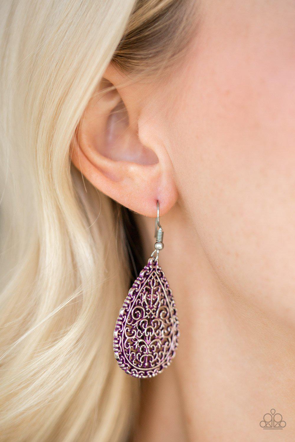 Indie Idol Purple Earrings - Paparazzi Accessories - model -CarasShop.com - $5 Jewelry by Cara Jewels