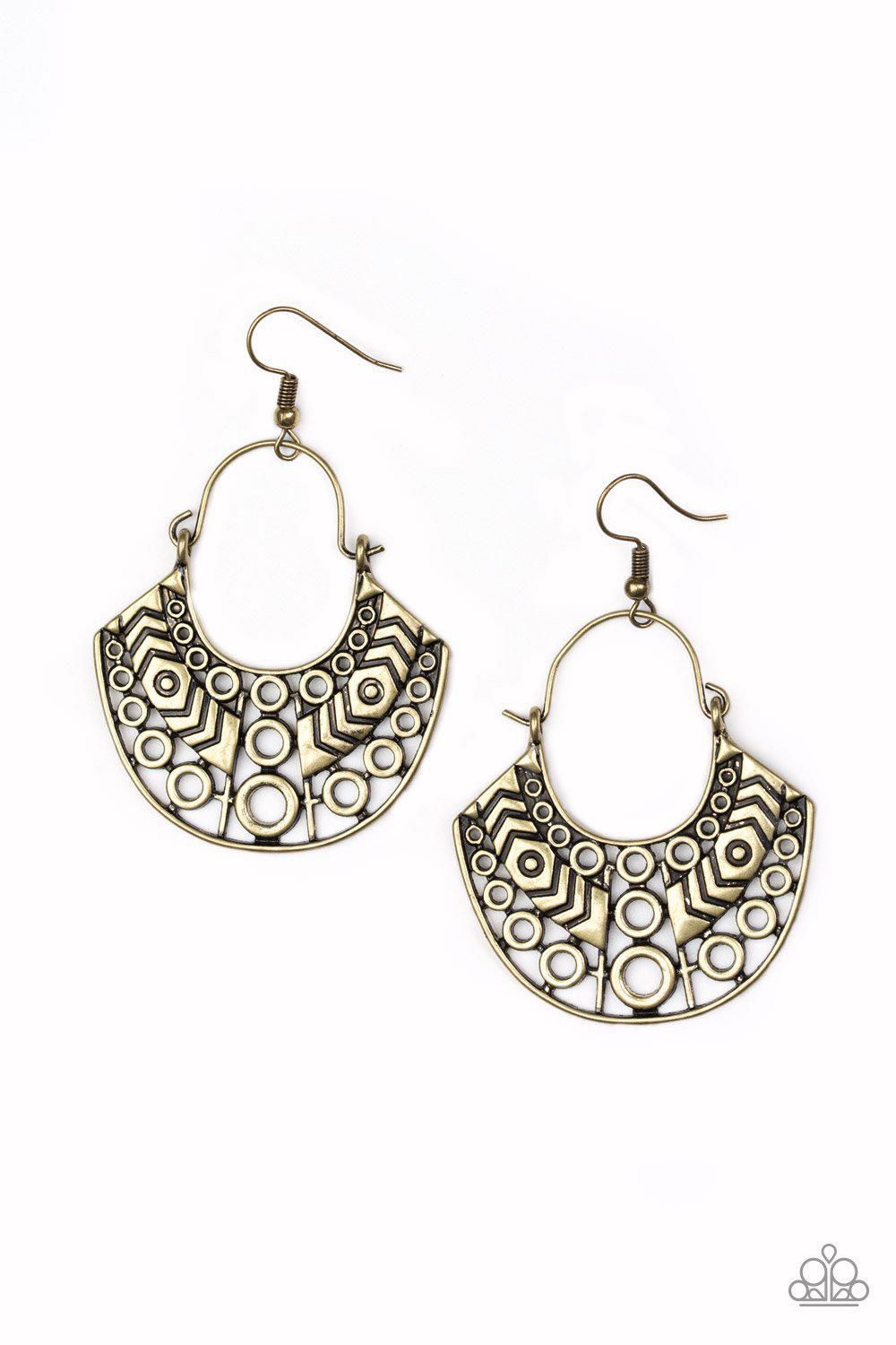 Indigenous Idol Brass Earrings - Paparazzi Accessories-CarasShop.com - $5 Jewelry by Cara Jewels