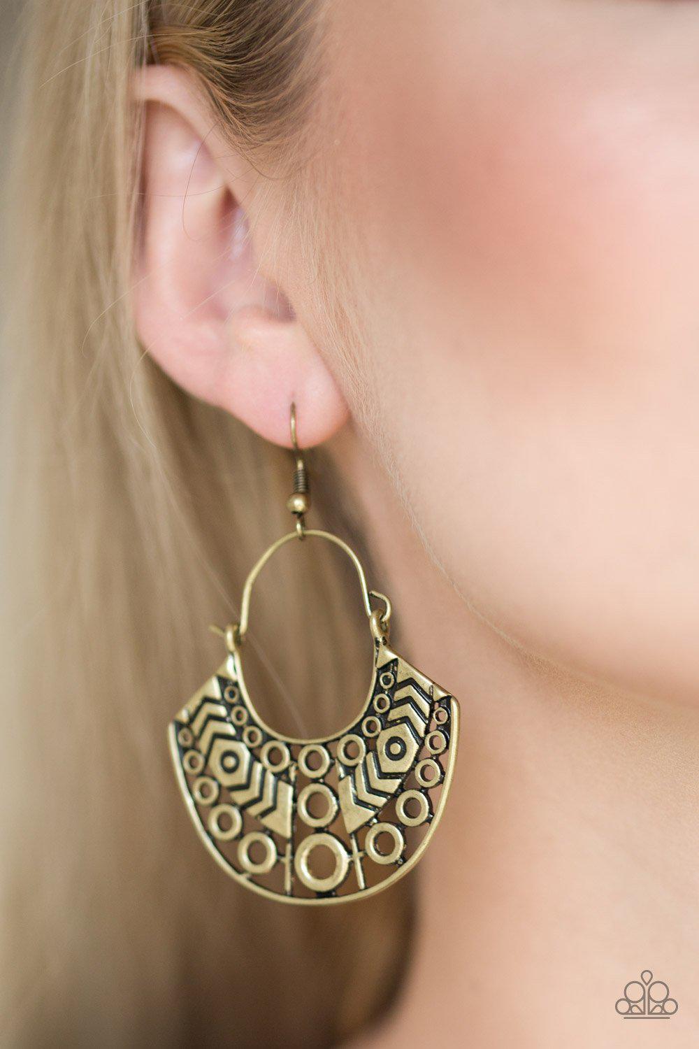 Indigenous Idol Brass Earrings - Paparazzi Accessories-CarasShop.com - $5 Jewelry by Cara Jewels