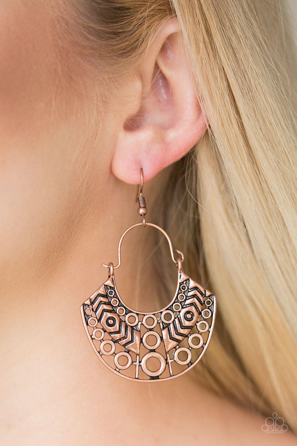 Indigenous Idol Copper Earrings - Paparazzi Accessories-CarasShop.com - $5 Jewelry by Cara Jewels